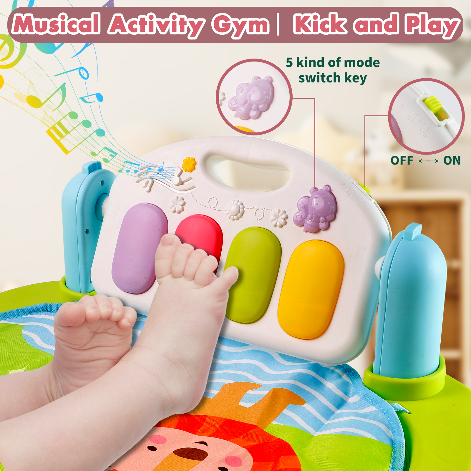 Baby Play Mat Baby Gym Funny Play Piano Tummy Time Baby Activity Gym Mat with 5 Infant Learning Sensory Baby Toys, Music and Lights Boy & Girl Gifts for Newborn Baby 0 to 3 6 9 12 Months - image 5 of 7