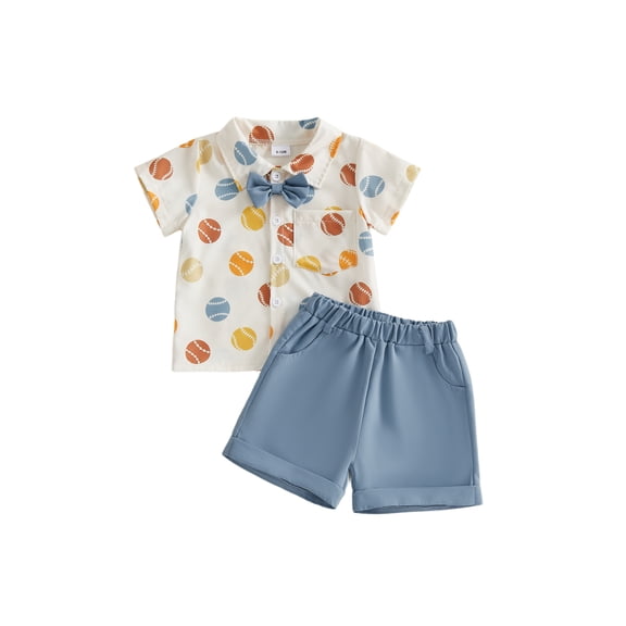 BemeyourBBs Toddler Baby Boys Baseball Outfits Summer Clothes Toddler Boy Summer Gentleman Outfit Short Sleeve Bow Tie Baseball Print Button Down Shirt Bowtie with Elastic Waist Shorts Set