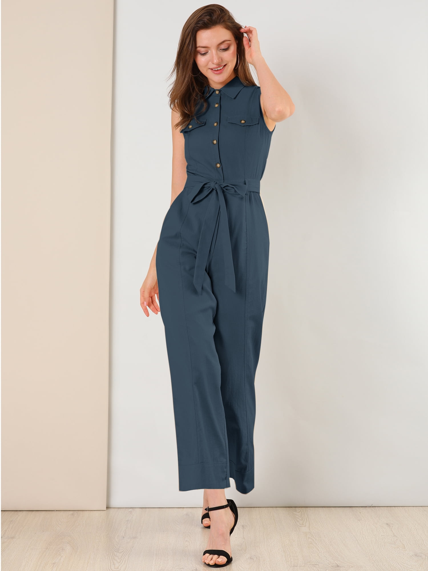 DARING DIVA Women's Wide Leg Jumpsuit Collared Tie Waist Coverall M Navy Blue