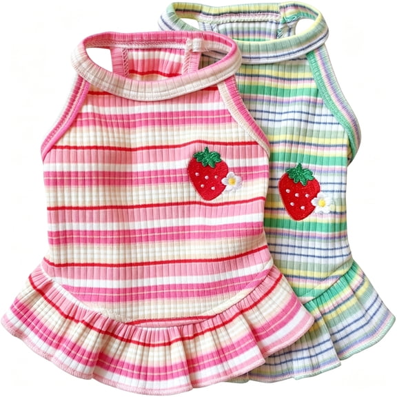 GASTROPOD 2 Pack Striped Dog Dresses Cute Strawberry Pet Summer Clothes,Soft Breathable Puppy Vest T-Shirt Ruffled Skirt Apparel for Small Medium Dogs Cats Pink and Green Stripes,Small