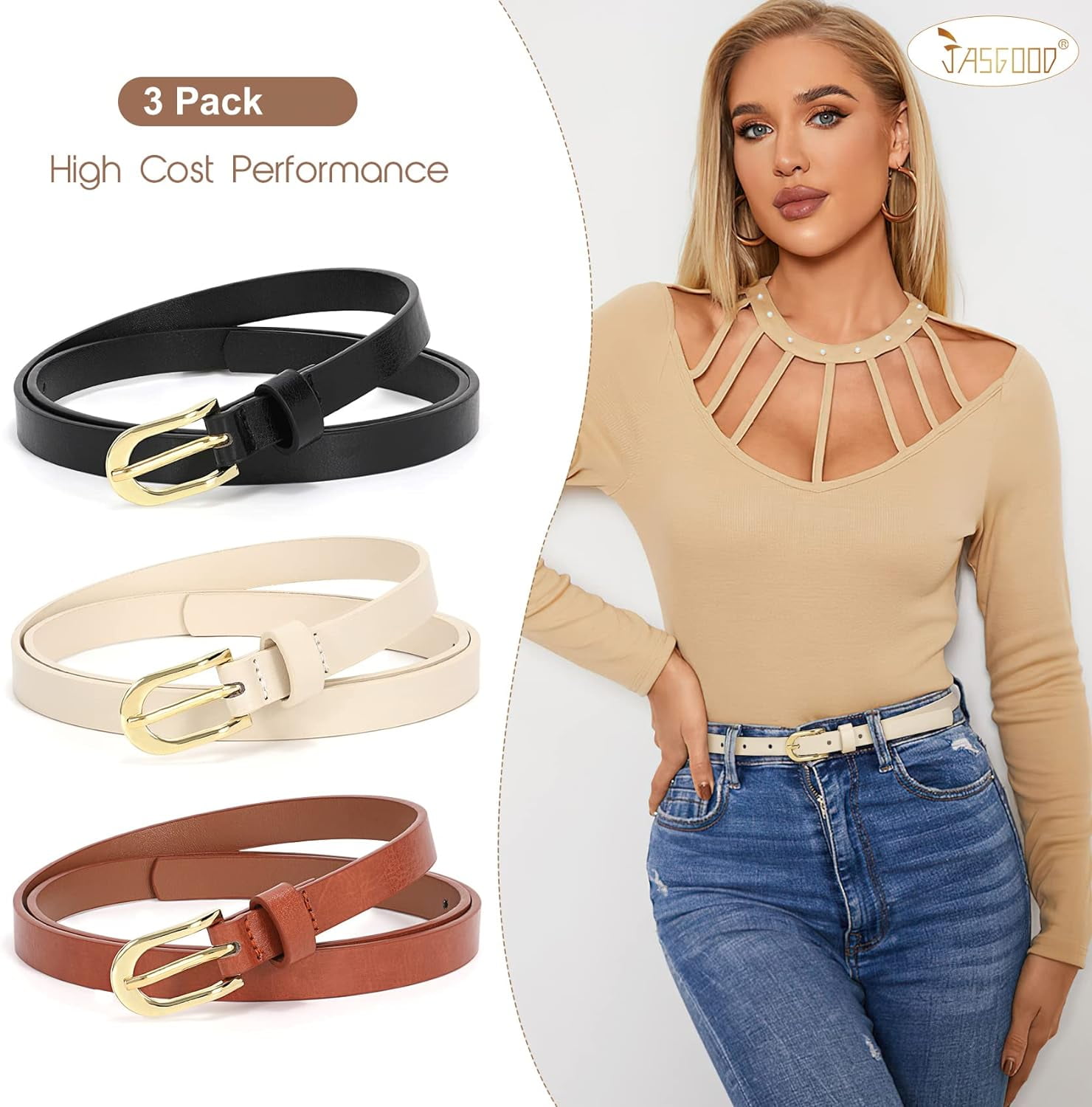 3 Pack Skinny Leather Chic Belt for Women, PU Leather Thin 