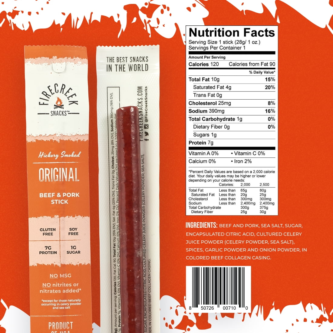 FireCreek Snacks Original Smoked Beef and Pork Meat Sticks, Gluten Free, High Protein Snack (Box of 20 - 1oz Ea)