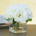 thumbnail image 2 of Enova Home Artificial Flowers Mixed Silk Peony and Hydrangea Fake Flowers in Cube Glass Vase with Faux Water for Home Office Wedding Decoration (Cream), 2 of 3