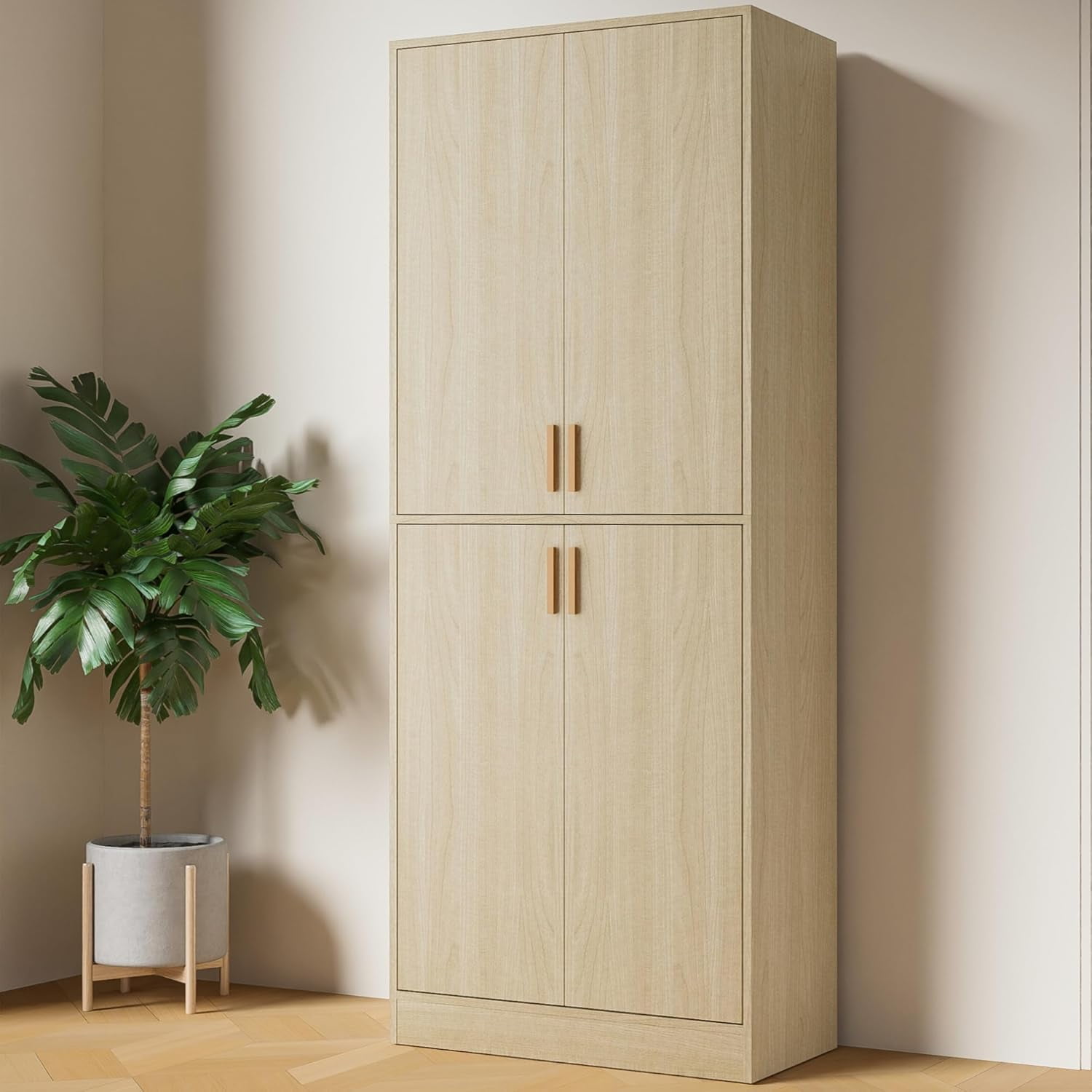 Cozy Castle Kitchen Pantry Storage Cabinet 71" Tall 4 Doors Wood Freestanding Cupboard with 2 Adjustable Shelves for Dining Room Living Room, Laundry, Bathroom, Oak