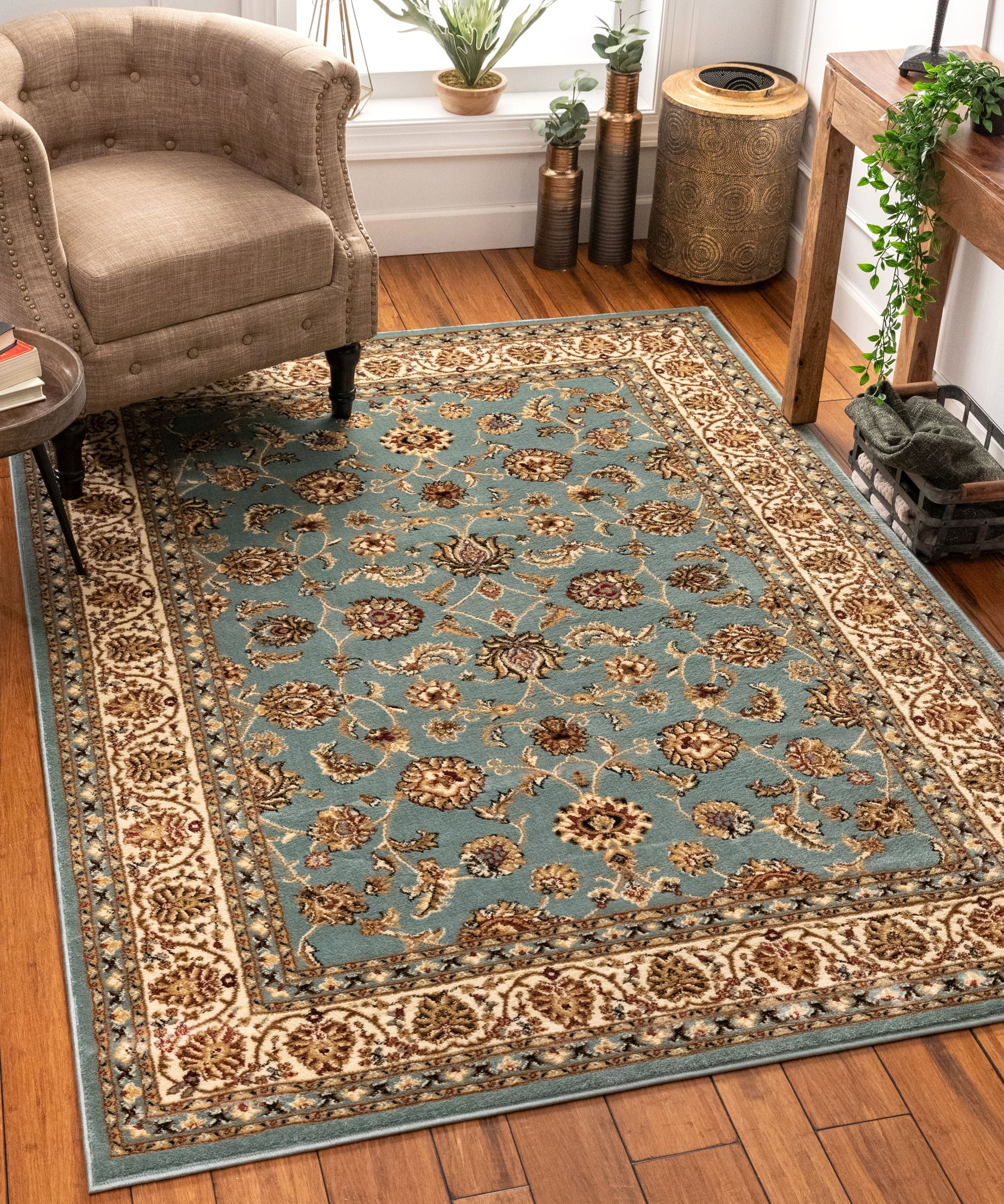 Patterned Rug Persian Blue Wool Polyester Handcrafted Oriental Area Rugs