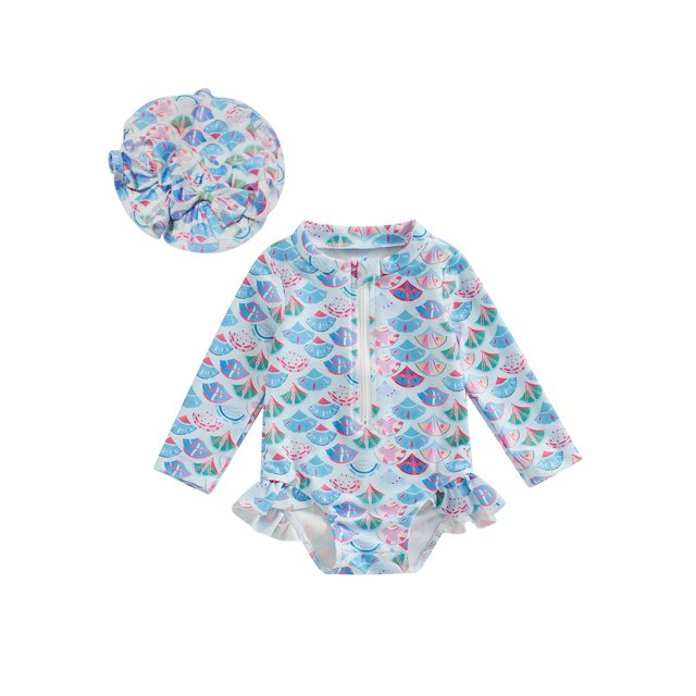 EYIIYE Maillot de Bain une Pièce pour Bébé Fille Ensemble de Maillot de Bain d'Été Fermeture Éclair devant Combinaison Col Rond Manches Longues Body + Bonnet de Bain Bébé Mignon 2 Pcs Tenue de Plage
