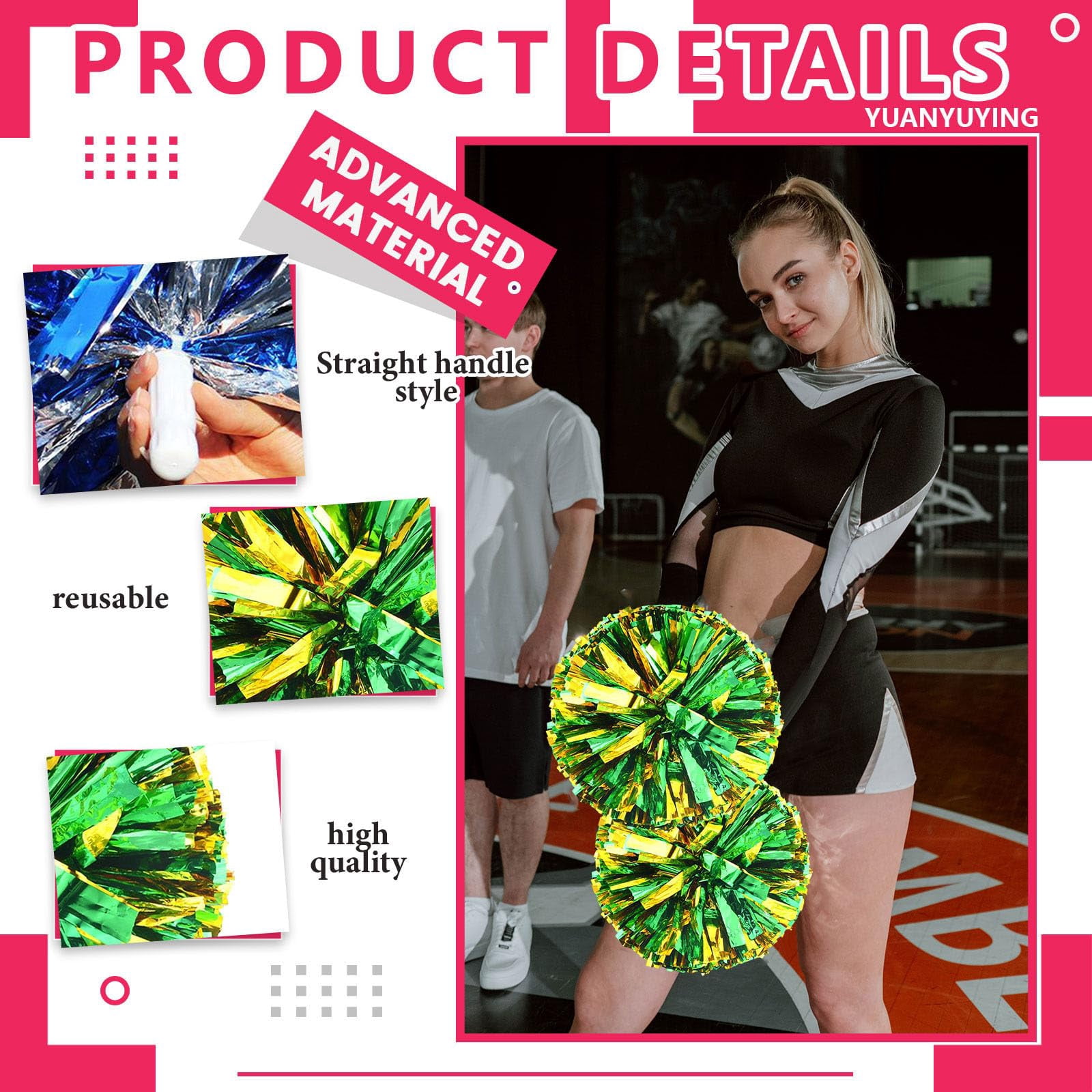 Cheerleading Pom Poms 14 Pcs with Straight Handle, Handheld Squad Pompoms for Sports Team Cheer Spirit Games, Dance Party Adults