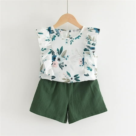 

Hunpta Toddler Kids Baby Girls Summer Clothes Casual Floral Print Ruffle Sleeveless T Shirt And Shorts 2PCS Outfits Set 2-7 Years
