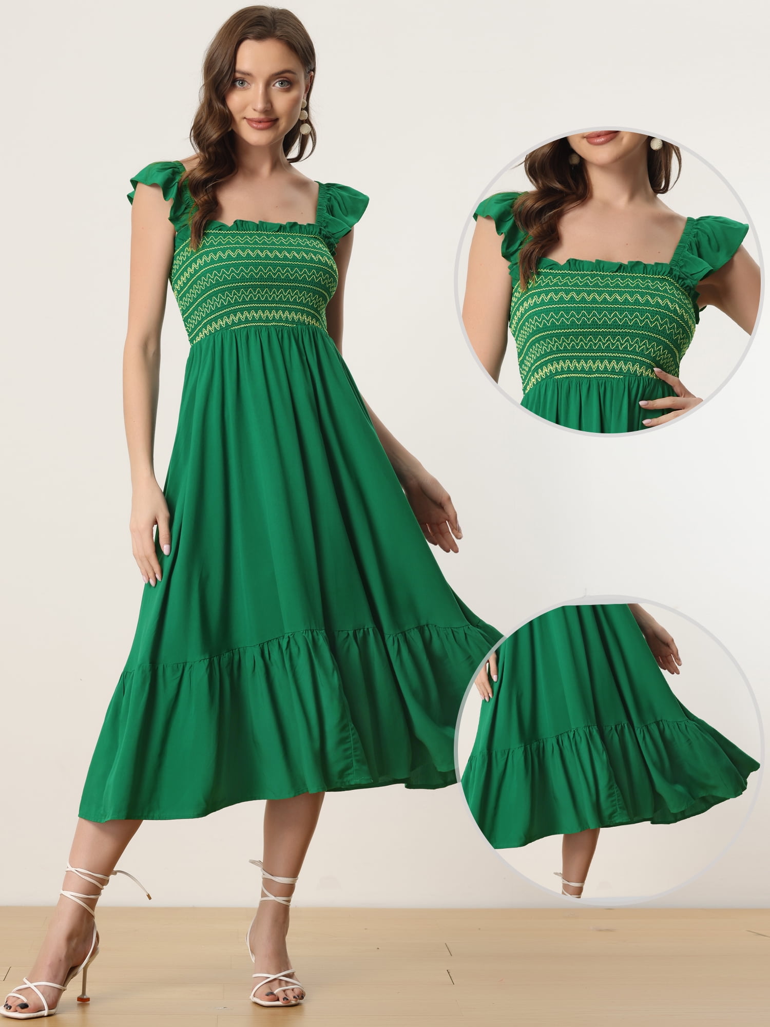 DARING DIVA Square Neck Boho Sleeveless Ruffle Tiered Smocked Sundress S Green