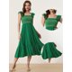 thumbnail image 2 of Vestido de verano con fruncido para mujer, cuello cuadrado, estilo bohemio, sin mangas, con volantes, a media pierna Verde M, 2 of 5