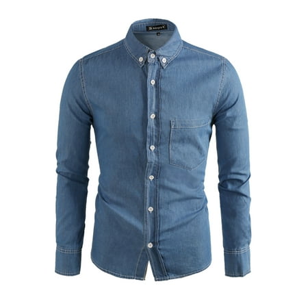 Wool Single Breasted 3 Button - Men's Long Sleeves Single Breasted Denim Button Down Shirt