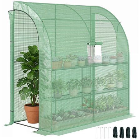 SSLZ 7' x 3' x 7' Lean to Greenhouse, Walk-In Green House, Plant Nursery with 2 Roll-up Doors and Windows, PE Cover and 3 Wire Shelves, Green