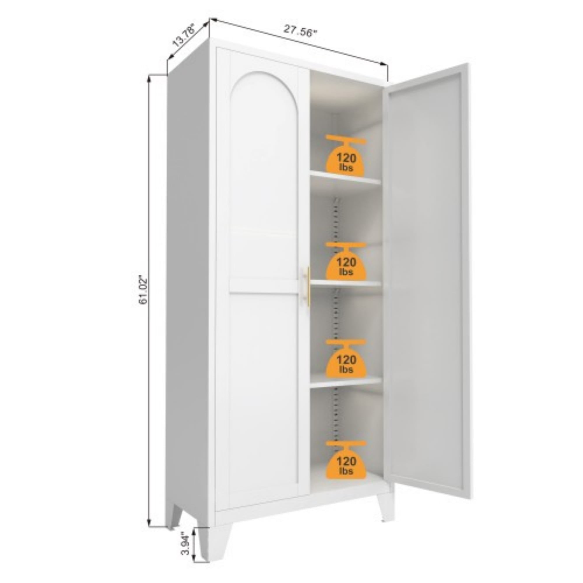61" Metal Storage Cabinet with Adjustable Shelves, Tall Steel Storage Cabinet with Doors for Bedroom, Kitchen, Office, White