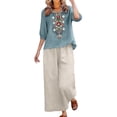 thumbnail image 4 of GZWYHT 2 Piece Sets For Women,Flowy Embroidered Boho Tops Cotton Set Summer Travel Outfits Lounge Wide Leg Pants Loose Fit Short Sleeve Blouses Peasant Blouses Blue XL, 4 of 5