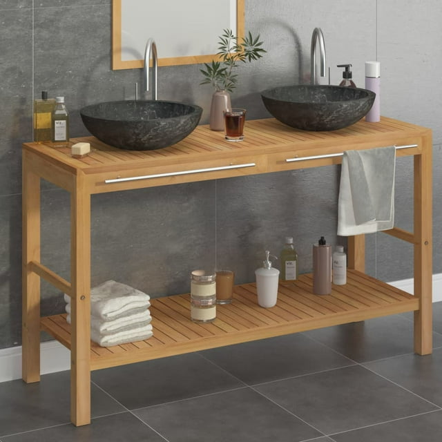 vidaXL Bathroom Vanity Cabinet Solid Teak with Sinks Marble Black