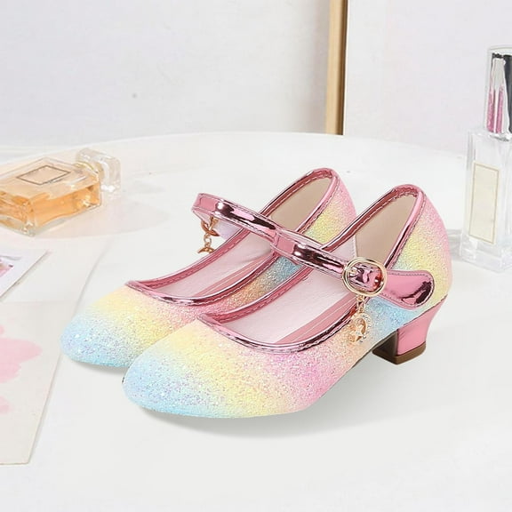 CUZIBR Toddler Girls Shoes Stylish Sparkly Mary Jean Princess Dress Shoes High Heel Dance Sandals Fashionable Soft Warm Sneakers,Multicolour,7-8 Years