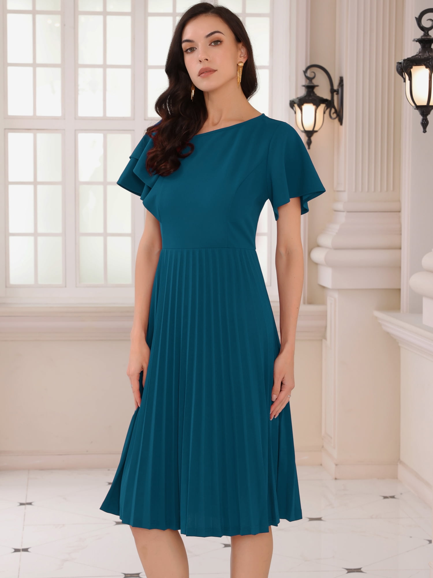 DARING DIVA Ruffled Sleeve Midi A-Line Pleated Work Dress XL Peacock Blue