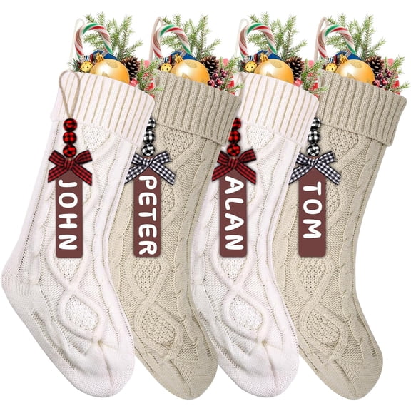 4PCS Christmas Stockings, 18inch Large Personalized Cable Knitted Xmas Hanging Stocking Decorations with Name Tags for Holiday Christmas Party Family Decor
