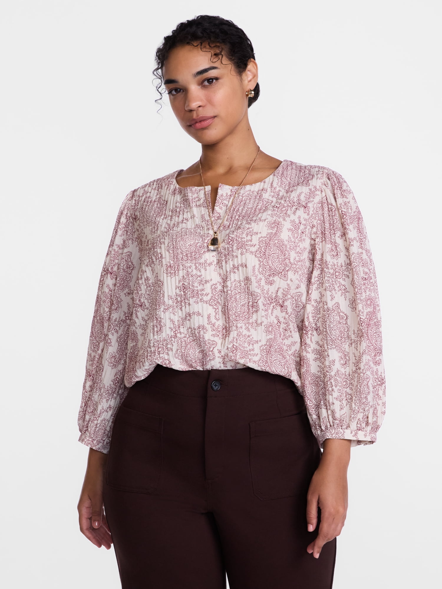Scenario Women's and Women's Plus Blouse with 3/4-Length Puff Sleeves, Sizes XS-4X