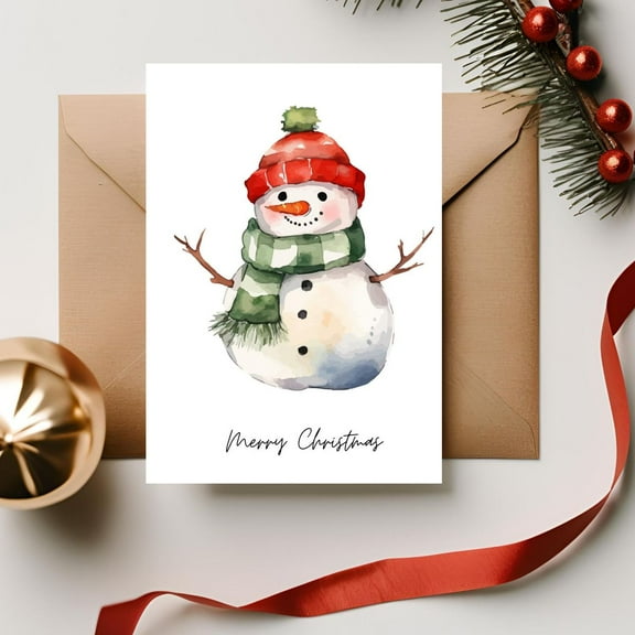 Merry Christmas Snowman Greeting Card – Festive Watercolor Art with Blank Inside – Perfect for Holiday Wishes and Seasonal Celebrations