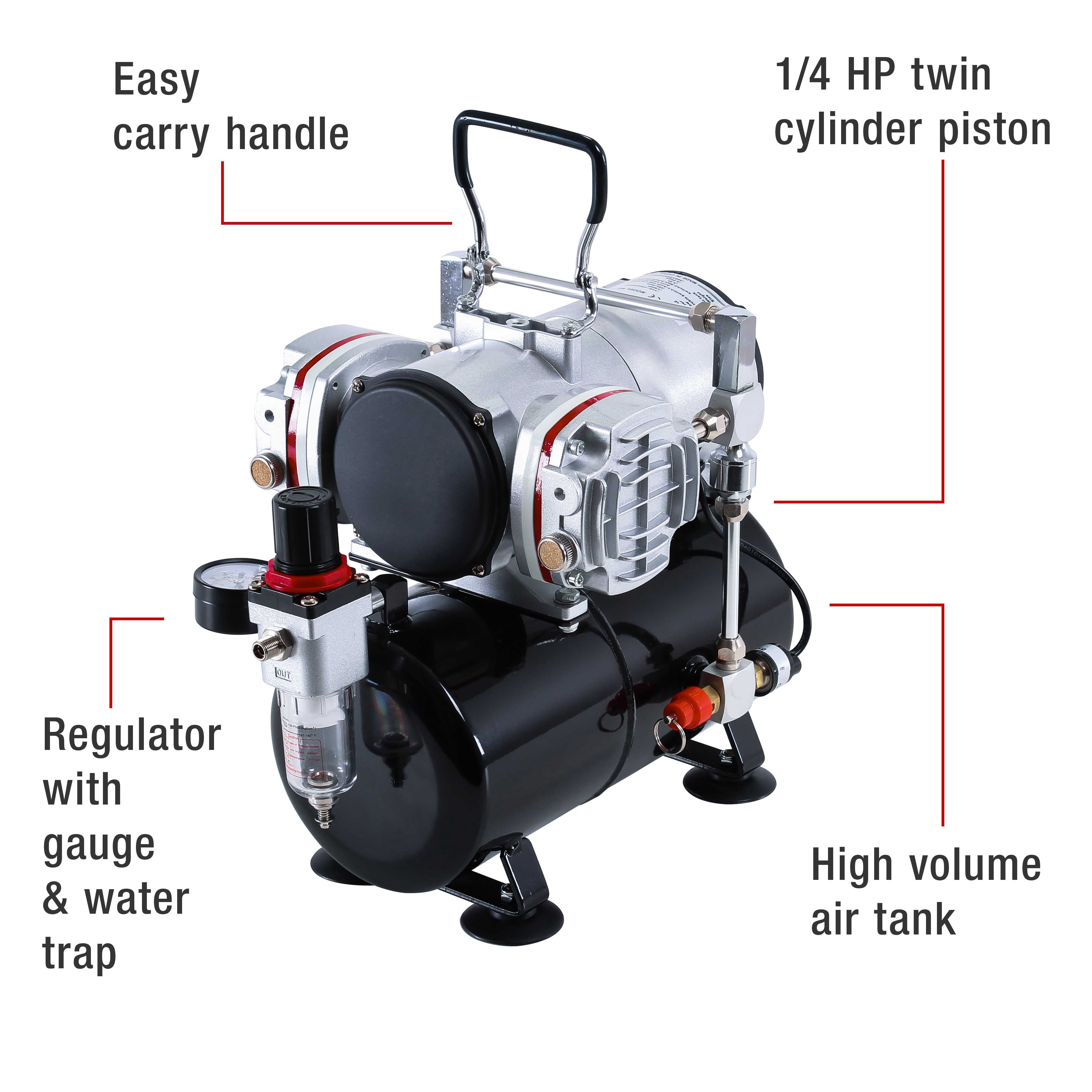 Airbrush-Depot Model TC-828, High-Performance Twin Cylinder Piston Air Compressor with Tank