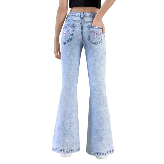 OYYN Girls High Waist Flare Jeans 7-14Y Bow Embroidery Back Pocket Light Wash Bell Bottom Denim Pants