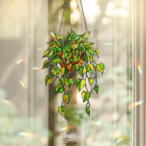 Pothos Plant Suncatcher, Holographic Acrylic Hanging Plant Decor, Greenhouse Window Art, Sun Catcher Gift for Plant Lovers