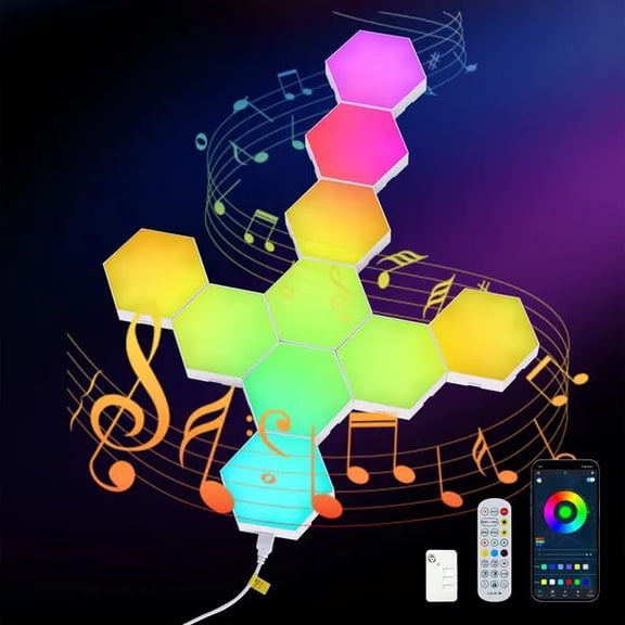 Hexagon Lights 10 Pack, Smart RGB LED Wall Panels with App Control & Music Sync, Modular Hexagonal Gaming Lights for Room Decor, DIY Creative Night Light Tiles for Desk & Bedroom Setup