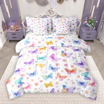 Manfei Kawaii Colorful Butterflies 7-Piece Twin Bedding Sets,Dreamy Fairy Tale Bedding Comforter Set,Rainbow Fly Animal Sheet Sets For Teens Girls,Uper Cozy Room Decor Reversible