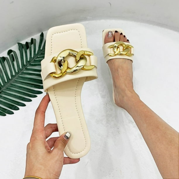 Chanclas de fondo plano de verano, hebilla de metal de moda, cabeza  cuadrada retro Wmkox8yii hj789