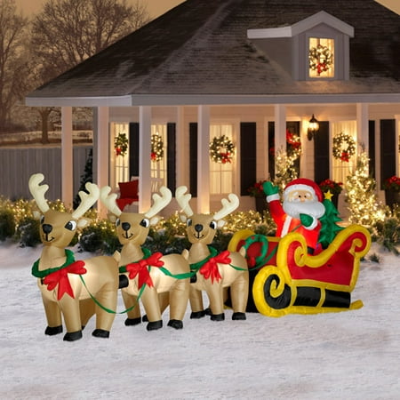 Gemmy Airblown Santa In Sleigh with Three Reindeer Inflatable - Walmart.com