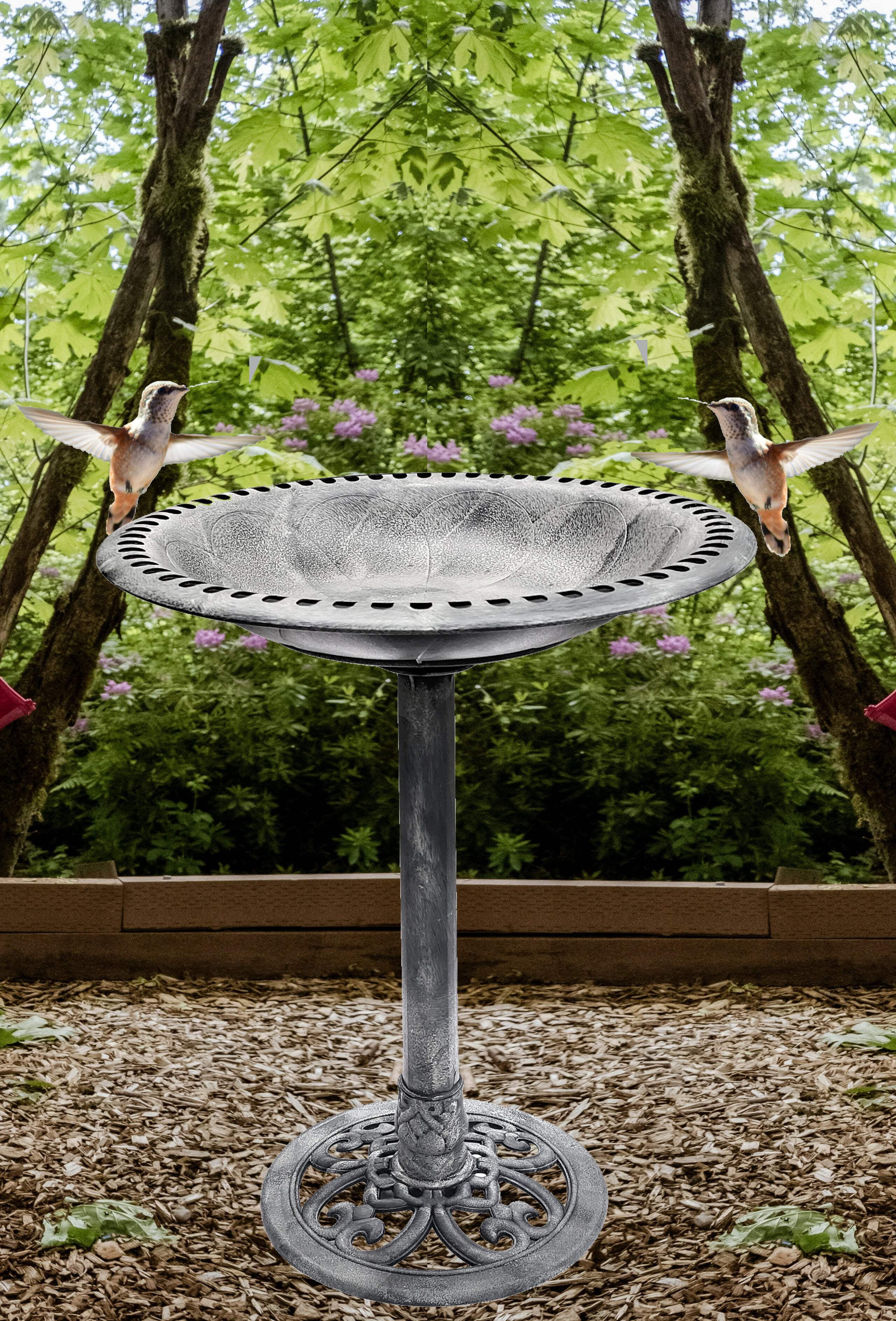 Birdbath Stone Grey 28" Height Pedestal Bird Bath Antique Outdoor Garden Vintage Yard Art Resin Fleur de lis Decoration Accents