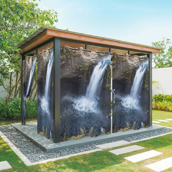 Waterfall Landscape Outdoor Curtains for Patio, Country Nature Rock Leaf Water Spray Waterproof Outside Curtains Privacy Blackout Curtain for Porch Pergola Cabana, 1 Panel 54W x 84L Inch