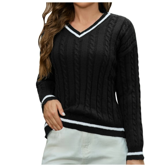 SROBPTY Womens Long Sleeve Shirts, Women's Winter Casual Fashion Solid Color Long Sleeve V-neck Top Black, M