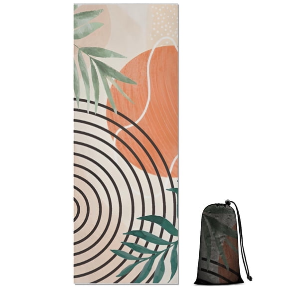 Orange Boho Geometric and Plant Pattern Hot Yoga Mat Towel Non Slip for Hot Yoga - Quick-Drying Yoga Mat Cover with 4 Corner Pockets with Travel Bag - Hot Yoga Towel Non Slip 70"x26"