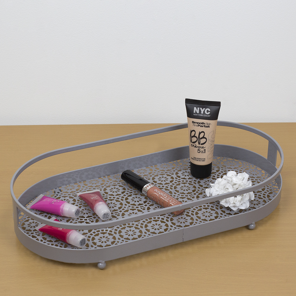 Oval Lace Decorative Plastic Vanity Tray with Rounded Feet, Grey