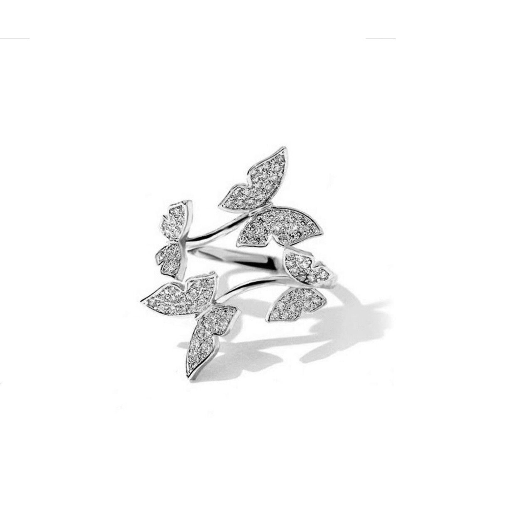 Sparkling Butterfly Ring, Pave Set Ring, Open Cuff Bypass Engagement Ring, 14K White Gold Plated, 2.1 Ct Simulated Diamond, Promise Ring For Her