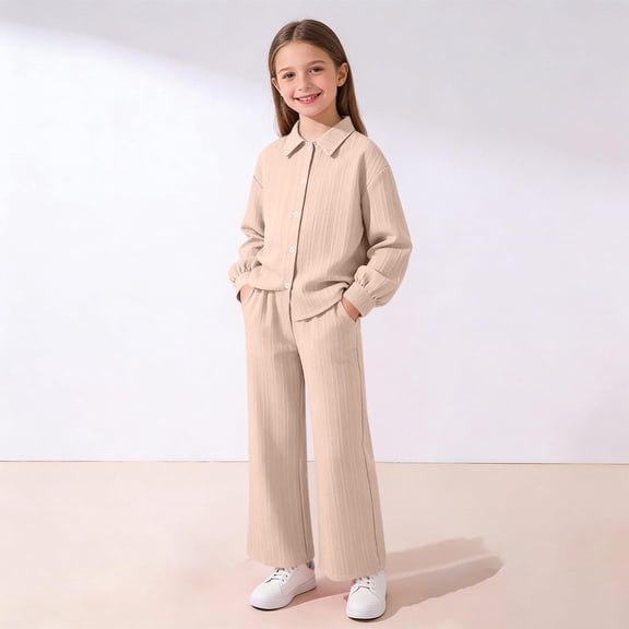 hengsof Kids Two Piece Outfit for 8-12 Years Long Sleeve Button Down Top and Elastic Waist Pocket Pants Set Casual Matching Clothes