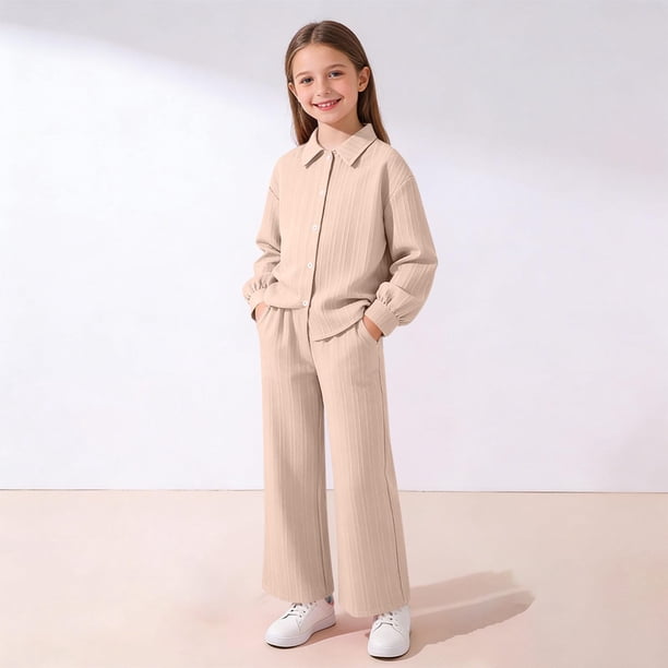 Conjunto de manga larga con cuello vuelto para niña, top abotonado de manga larga con cuello vuelto, cintura elástica y bolsillos, pantalón de poliéster.