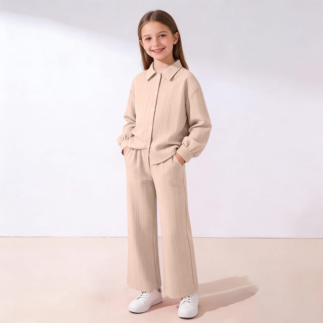 EGNMCR Long Sleeve Turndown Collar Set Children's Solid Color Long Sleeve Turn-Down Collar Button-Up Top With Elastic Waist And Pockets And Pants Set Girl polyester set