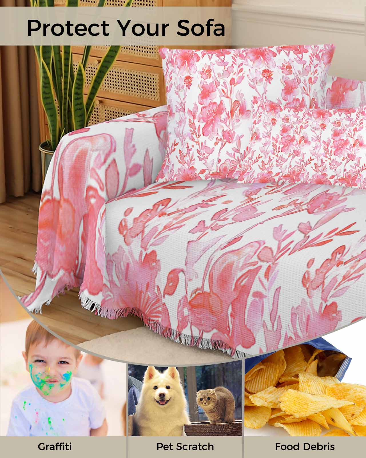 Red Botanical Sofa Couch Covers for Dog,Washable Sectional Couch Slipcoverfor Loveseat with Tassels,Abstract Watercolor Floral Leaves Plant Non Slip Sofa Throw Cover Blanket Large 71''x102''