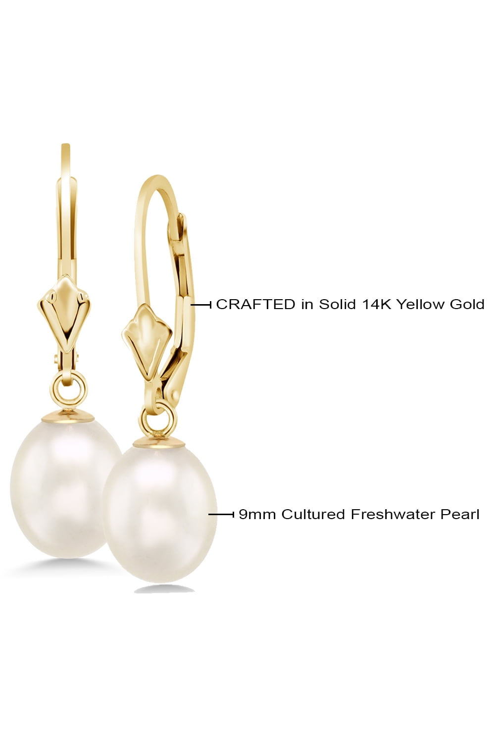 Gem Stone King Gorgeous 14KT Gold 9mm Cultured Freshwater Pearl Dangle Women's Earrings