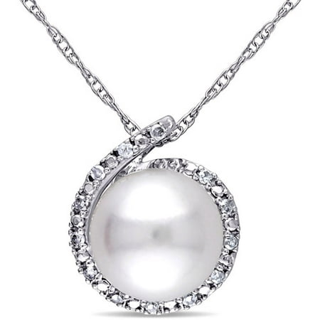 Miabella 8-8.5mm White Round Cultured Freshwater Pearl and Diamond-Accent 10kt White Gold Fashion Pendant, 17