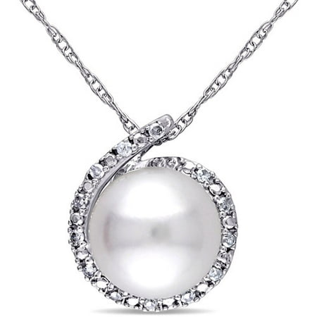 Round Freshwater Pearl Pendant (Miabella 8-8.5mm White Round Cultured Freshwater Pearl and Diamond-Accent 10kt White Gold Fashion Pendant,)