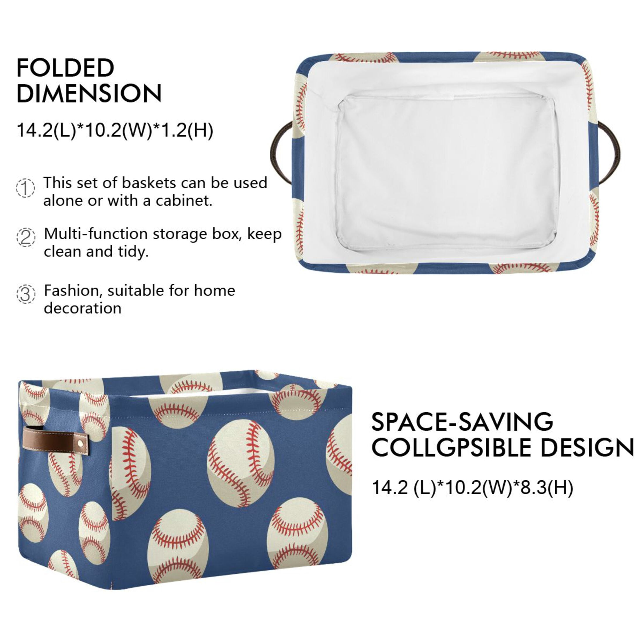 Ryvnso Baseball Blue Storage Basket Large Bin Foldable Boxes Toys Organizer 14.2x10.2x8.3in 2 PCs
