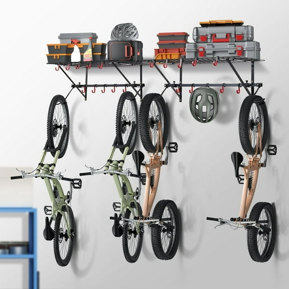 Space Saving Garage Bike Rack - Wall Mounted Holder for 4 Bikes & 2 Storage Shelves