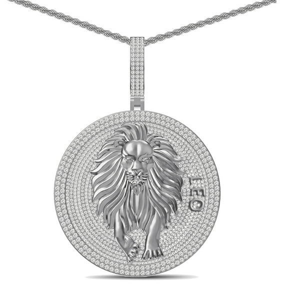 55  Grams Big 2.80'' Real Silver Simulated Diamond 14K White Gold Finish Astrological Zodiac Birth Symbol Sign Leo Lion Charm Pendant   Free Chain