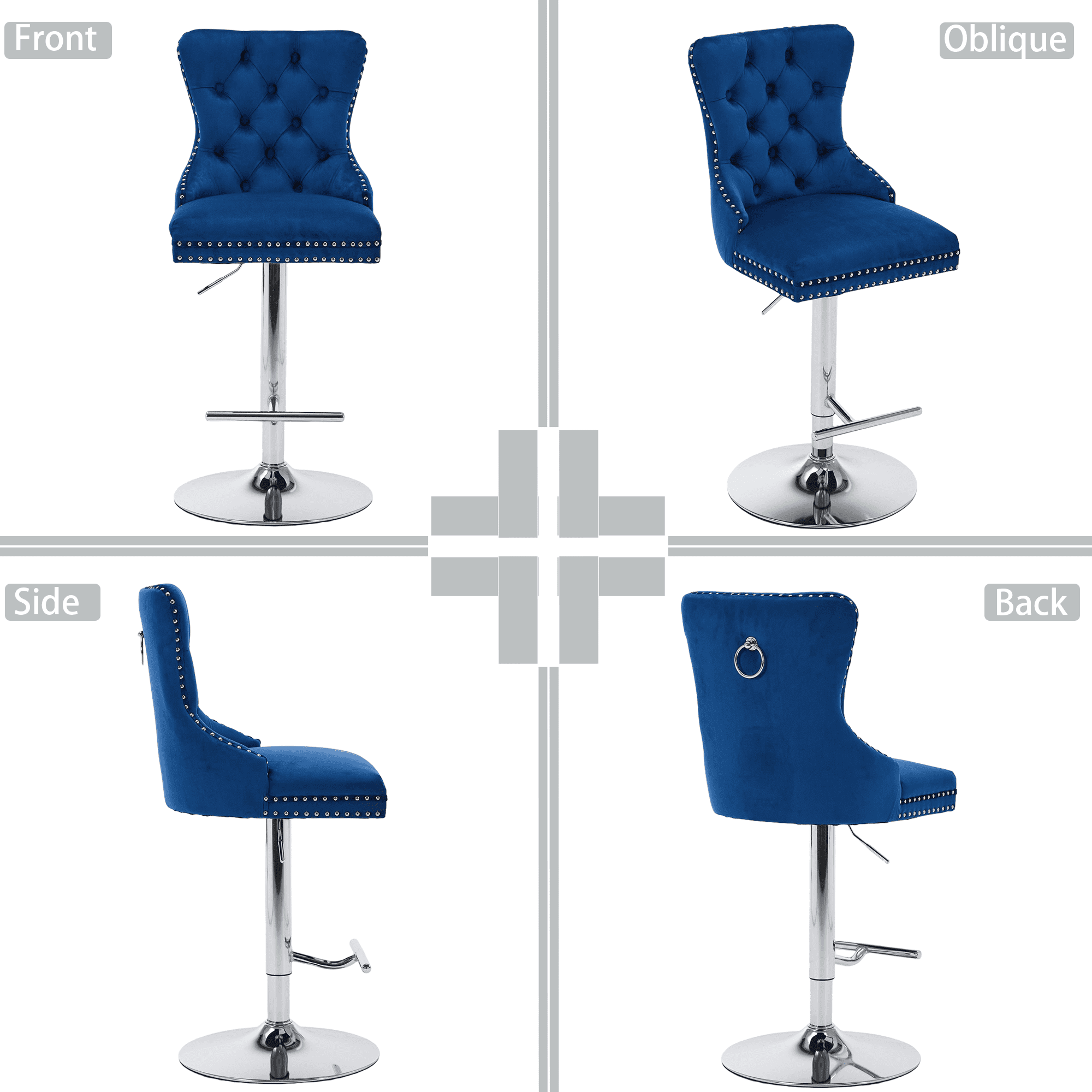 2-Piece Velvet Swivel Bar Stools, Adjustable Counter Height Dining Bar Chairs with Tufted Backrest and Nailhead Trim for Kitchen Island （Blue with Silver Leg）