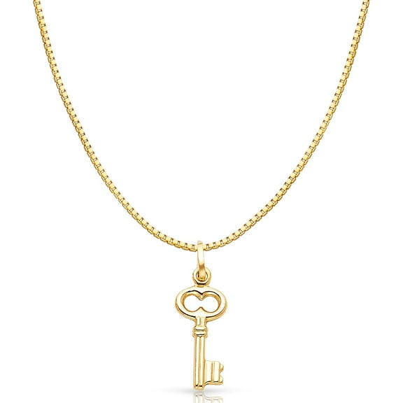 14K Yellow Solid Gold Plain Key Charm Pendant with 1mm Box Chain Necklace - 16"