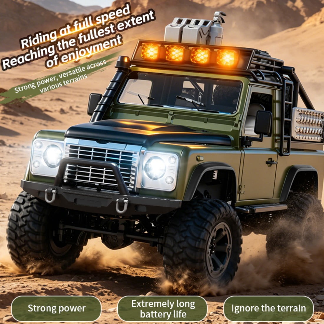 KF90 1/12 Scale 4WD RC Rock Crawler, 2.4GHz Full Proportional Off-Road Truck with Adjustable LED Lights & 60-Min Runtime, Splash Resistant, Green RC Car for Adults